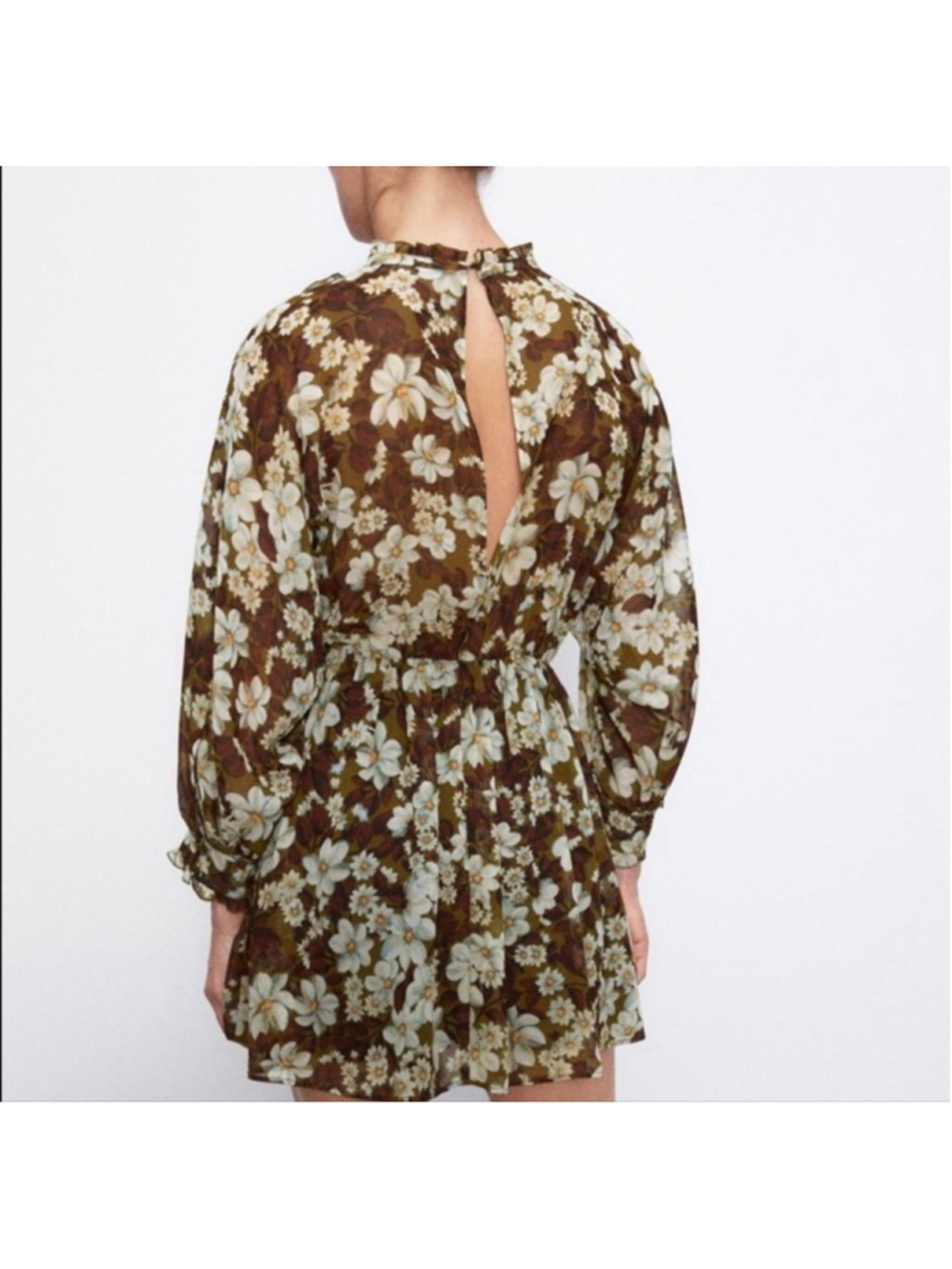 ZARA Floral Ruffle Mini Romper XS Brown White summer Bloggers Favorite Oversize - Picture 2 of 16